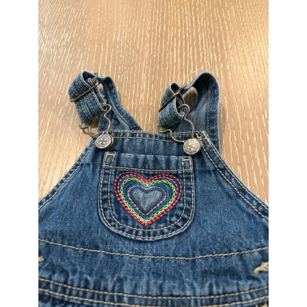 OshKosh B'gosh Baby Girls 3 Months Denim Overalls Rainbow Heart Ruffle Hem